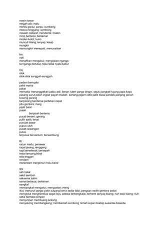 masin tawar
megah aib; malu
merdu garau; parau; sumbang
mesra renggang; sombong
mewah melarat; menderita; miakin
mirip berbeza; berlainan
moden kolot; kuno
muncul hilang; lenyap; lesap
mungkir
memungkiri menepati; menunaikan

Nn
nafi
menafikan mengakui; mengiakan nganga
ternganga tertutup nipia tebal nyata kabur

Oo
olok
olok-olok sungguh-sungguh

padam bernyala
pahit mania
pakai
memakai menanggalkan palsu asli; benar; tulen pangs dingin; sejuk pangkal hujung papa kaya
pasang surut patuh ingkar payah mudah ; senang pejam celik pelik biasa pendek panjang penuh
kosong perang
berperang berdamai perlahan cepat
pilu gembira; riang
pipih bulat
piaah
        berpisah bertemu
pucat berseri; garang
pulih sakit; tenat
puncak dasar
pupus utuh
pusat cawangan
putus
terputus bercantum; bersambung

Rr
racun madu; penawar
rapat jarang; renggang
rapi berselerak; bersepah
reda kencang;lebat
rela enggan
rendam
merendam menjemur rindu bend

SS
sah batal
sakit sembuh
saksama zalim
sama berbeza; berlainan
sangkal
menyangkal mengakui; mengiakan; meng
ikut; menurut sangsi yakin sayang benci sedar lalai; pengsan sedih gembira sedut
menyedut menghembus segar layu selesai terbengkalai; terhenti senyap biaing; riuh sepi biaing; riuh
setia derhaka simpan
menyimpan membuang sokong
menyokong membangkang; membantah sombong ramah sopan biadap sukacita dukacita
 