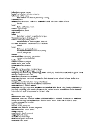 kabur kelam; pudar; samar
kaedah cars; hukum; prinsip; peraturan
kala mass; ketika; waktu
          berkala-kala sekahsekali; terkadang-kadang
kampung desa
berkampung berhimpun; berkumpul kawan kelompok; kumpulan; rakan; sahabat;
          teman
kecai
          berkecai hancur; remuk
kecewa gagal; hampa
kecundang kalah; tewas
kekal abadi
kelahi
          berkelahi berbalah; bergaduh; bertengkar
Was darjah; pangkat; tingkatan; jenia
kembali batik; lagi; pulang; semula
          mengembalikan memulangkan; memulih-
kan kena berpadanan; berpatutan; cocok; sepadan;
          sesuai
kenan
          berkenan gemar; sudi; suka
          memperkenankan membenarkan; meng
          izinkan; menyetujui
kendali
mengendalikan memimpin; mengekang;
          mengurus; mentadbirkan
kental pekat
kerenah kemahuan; ragam
kesan akibat; jejak; tanda
khazanah perbendaharaan
kikia
mengikia menghapuskan; menghilangkan;
meluputkan kongkong belenggu; pasung
mengongkong memasung; membelenggu kotor cemar; keji kuno lama; tua kurnia anugerah kusut
bersimpul-simpul; kacau; rumit
laba faedah;guna;keuntungan lands
melanda melanggar; merempuh landas alas; lapik langsai tunas; selesai; terbayar lanjut lama;
panjang lapor
melaporkan memberitahukan; mengadukan lawat
melawat berkunjung; berziarah lazat enak; sedap Walk
meledak meletup; meletus lempar
melempar melontar; membaling lengkap cukup lengkok belok; kelok; keluk; lengkung letih lenguh;
lesu; litak; penal liku kelok; selekoh lincah cergas; pantas; tangkas lompat loncat; lonjak longgok
timbun; tompok tusk kurang; susut tut mempan; telap

MM
mahu hendak; rela; sanggup
kemahuan kehendak; keinginan makam kubur makbul kabut; terkabul; diperkenankan maklumat
keterangan; pengetahuan malap muram; kusam; lesam; redup; suram marsh berang; gusar;
meradang maruah kehormatan
maul kematian
melarat miakin; sengsara
meleset jatuh; merosot; mundur; tergelincir
mendung muram; redup; suram
mewah makmur
miaal contoh; ibarat; umpama
mogok berhenti; rosak
muafakat sepakat; setuju
muak bosan; jemu; loya; mual
muktamad pasti; tetap
 