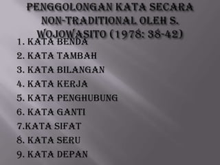1. Kata Benda
2. Kata Tambah
3. Kata Bilangan
4. Kata Kerja
5. Kata Penghubung
6. Kata Ganti
7.Kata Sifat
8. Kata Seru
9. Kata Depan

 