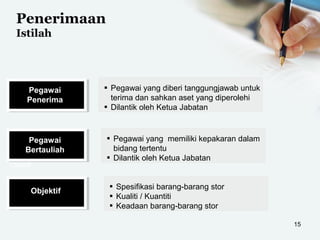 Penerimaan
Istilah
Pegawai
Penerima
Nationally and
Internationally
benchmarked
Objektif
▪ Pegawai yang diberi tanggungjawab untuk
terima dan sahkan aset yang diperolehi
▪ Dilantik oleh Ketua Jabatan
Pegawai
Bertauliah
Objektif
▪ Pegawai yang memiliki kepakaran dalam
bidang tertentu
▪ Dilantik oleh Ketua Jabatan
▪ Spesifikasi barang-barang stor
▪ Kualiti / Kuantiti
▪ Keadaan barang-barang stor
15
 