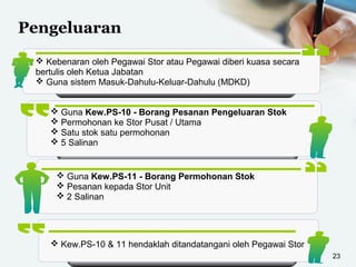 Pengeluaran
23
 Kebenaran oleh Pegawai Stor atau Pegawai diberi kuasa secara
bertulis oleh Ketua Jabatan
 Guna sistem Masuk-Dahulu-Keluar-Dahulu (MDKD)
 Guna Kew.PS-10 - Borang Pesanan Pengeluaran Stok
 Permohonan ke Stor Pusat / Utama
 Satu stok satu permohonan
 5 Salinan
 Guna Kew.PS-11 - Borang Permohonan Stok
 Pesanan kepada Stor Unit
 2 Salinan
 Kew.PS-10 & 11 hendaklah ditandatangani oleh Pegawai Stor
 