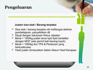 Pengeluaran
25
Jualan sisa stok / Barang terpakai
 Sisa stok / barang terpakai cth kraftangan,lebihan
pembelajaran, penyelidikan dll
 Dijual dengan kelulusan Ketua Jabatan.
 Berat < 1000kg jualan terus kpd Sykt berdaftar
dengan MOF (ada permit beli barang lusuh)
 Berat > 1000kg ikut TPA & Peraturan yang
berkuatkuasa
 Hasil jualan dimasukkan dalam Akaun Hasil Kerajaan
 