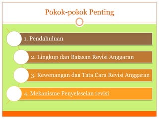 Pokok-pokok Penting 
1. Pendahuluan 
2. Lingkup dan Batasan Revisi Anggaran 
3. Kewenangan dan Tata Cara Revisi Anggaran 
4. Mekanisme Penyeleseian revisi 
 