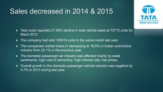 Sales decreased in 2014 & 2015
 Tata motor reported 27.59% decline in total vehicle sales at 72712 units for
Mach 2013
 The company had sold 100414 units in the same month last year.
 The companies market share in decreasing to 16.6% in Indian automotive
industry from 22.1% in the previous year.
 The domestic passenger car industry was affected mainly by weak
sentiments, high cost of ownership, high interest rate, fuel prices.
 Overall growth in the domestic passenger vehicle industry was negative by
4.7% in 2013 during last year.
 