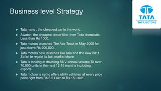 Business level Strategy
 Tata nano , the cheapest car in the world.
 Swatch, the cheapest water filter from Tata chemicals.
Less than Rs 1000.
 Tata motors launched The Ace Truck in May 2005 for
just above Rs 200,000.
 Tata motors new launches like Aria and the new 2011
Safari to regain its lost market share.
 Tata is looking at doubling SUV annual volume To over
70,000 units in the next 12-18 months including
exports.
 Tata motors is set to offers utility vehicles at every price
point right from Rs 6.5 Lakh to Rs 15 Lakh
 