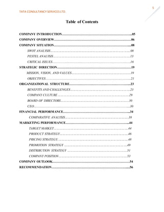 TATA CONSULTANCY SERVICES LTD.
5
Table of Contents
COMPANY INTRODUCTION………………………………………………………...05
COMPANY OVERVIEW………………………………………………………………06
COMPANY SITUATION……………………………………………………………....08
SWOT ANALYSIS………………………………………………………………………….08
PESTEL ANALYSIS……………………………………………………………………….13
CRITICAL ISSUES……………………………………………………………….16
STRATEGIC DIRECTION……………………………………………………………19
MISSION, VISION, AND VALUES………………………………………………………19
OBJECTIVES……………………………………………………………………..21
ORGANIZATIONAL STRUCTURE………………………………………………....23
BENEFITS AND CHALLENGES……………………………………………………….23
COMPANY CULTURE ………………………………………………………………….29
BOARD OF DIRECTORS……………………………………………………………....30
CEO……………………………………………………………………………....30
FINANCIAL PERFORMANCE……………………………………………………...34
COMPARATIVE ANALYSIS…………………………………………………………..38
MARKETING PERFORMANCE…………………………………………………...44
TARGET MARKET…………………………………………………………………….44
PRODUCT STRATEGY……………………………………………………………….46
PRICING STRATEGY..……………….……………………………………………….48
PROMOTION STRATEGY ………………………………………………………….49
DISTRIBUTION STRATEGY ……………………………………………………….51
COMPANY POSITION……………………………………………………………….53
COMPANY OUTLOOK………………………………………………………………54
RECOMMENDATION…………………………………………………………….....56
 