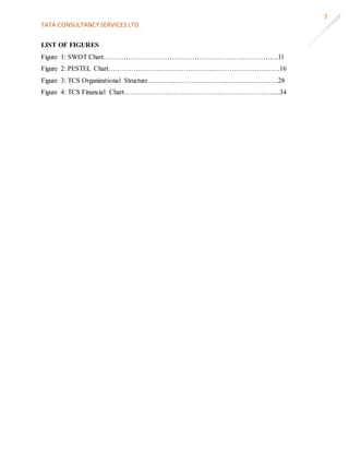 TATA CONSULTANCY SERVICES LTD.
7
LIST OF FIGURES
Figure 1: SWOT Chart…………………………………………………………………..11
Figure 2: PESTEL Chart…………………………………………………………………16
Figure 3: TCS Organizational Structure…………………………………………………28
Figure 4: TCS Financial Chart…………………………………………………………...34
 