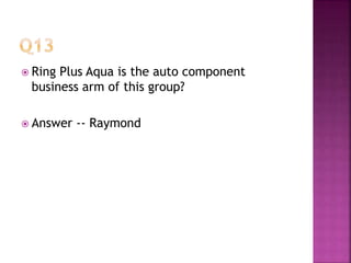 Ring Plus Aqua is the auto component
business arm of this group?
 Answer -- Raymond
 