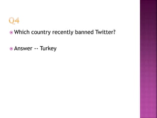  Which country recently banned Twitter?
 Answer -- Turkey
 
