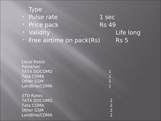    Type 
   Pulse rate              1 sec
   Price pack              Rs 49
   Validity                      Life long
   Free airtime on pack(Rs)      Rs 5
 

Local Rates
Paise/sec
TATA DOCOMO                    1
Tata CDMA                      1
Other GSM                      1
Landline/CDMA                  1

STD Rates
TATA DOCOMO                     2
Tata CDMA                       2
Other GSM                       2
Landline/CDMA                   2
 