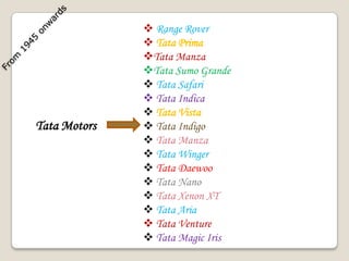 Tata Motors
 Range Rover
 Tata Prima
Tata Manza
Tata Sumo Grande
 Tata Safari
 Tata Indica
 Tata Vista
 Tata Indigo
 Tata Manza
 Tata Winger
 Tata Daewoo
 Tata Nano
 Tata Xenon XT
 Tata Aria
 Tata Venture
 Tata Magic Iris
 