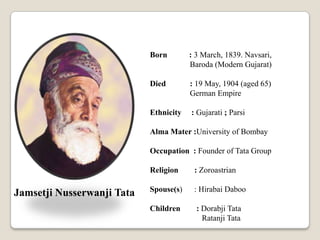 Jamsetji Nusserwanji Tata
Born : 3 March, 1839. Navsari,
Baroda (Modern Gujarat)
Died : 19 May, 1904 (aged 65)
German Empire
Ethnicity : Gujarati ; Parsi
Alma Mater :University of Bombay
Occupation : Founder of Tata Group
Religion : Zoroastrian
Spouse(s) : Hirabai Daboo
Children : Dorabji Tata
Ratanji Tata
 