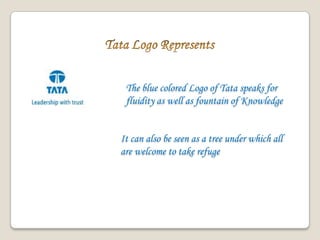 The blue colored Logo of Tata speaks for
fluidity as well as fountain of Knowledge
It can also be seen as a tree under which all
are welcome to take refuge
 
