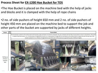 Process Sheet for EX-1200 Hoe Bucket for TOS
•The Hoe Bucket is placed on the machine bed with the help of jacks
and blocks and it is clamped with the help of rope chains
•2 no. of side pushers of height 650 mm and 2 no. of side pushers of
height 450 mm are placed on the machine bed to support the job and
other parts of the bucket are supported by jacks of different heights.
 