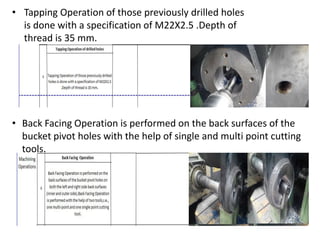 • Tapping Operation of those previously drilled holes
is done with a specification of M22X2.5 .Depth of
thread is 35 mm.
• Back Facing Operation is performed on the back surfaces of the
bucket pivot holes with the help of single and multi point cutting
tools.
 