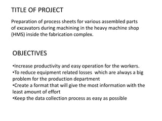 TITLE OF PROJECT
Preparation of process sheets for various assembled parts
of excavators during machining in the heavy machine shop
(HMS) inside the fabrication complex.
OBJECTIVES
•Increase productivity and easy operation for the workers.
•To reduce equipment related losses which are always a big
problem for the production department
•Create a format that will give the most information with the
least amount of effort
•Keep the data collection process as easy as possible
 