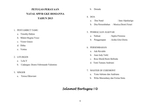 b.

PETUGAS PERAYAAN

Denada

NATAL SPP/R GKE HOSIANNA
4. DOA

TAHUN 2013

a.
b.
1. PENYAMBUT TAMU

d. Ditha

Nubuat

: Septia Florensa

b.

c. Victor Grasio

Penggenapan

: Jesika Gita Gloria

6. PERSEMBAHAN

e. Ventus

a.

Cadangan: Destro Febrinando Valentino

Juan Jody Tubil

c.

Lola V

Ade Revaldo

b.

2. LITURGOS

Ross Shield Renti Bellinda

d. Tenti Tamara Andriani

7. MASTER OF CEREMONY

3. SINGER
a.

: Monica Destri Ferari

a.

b. Midori Regina Yossi

b.

Doa Persembahan

: Jano Alpokarigo

5. PEMBACAAN ALKITAB

a. Timothy Dalton

a.

Doa Natal

a.

Yona Adriane dan Andriana

b.

Teresa Oktaviani

Wika Mawardany dan Ferina Sinta

Selamat Bertugas ! 

9

 