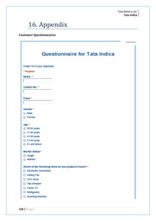 Tata Motors Ltd.
Tata Indica

16. Appendix
Customer Questionnaires

118 | P a g e

 