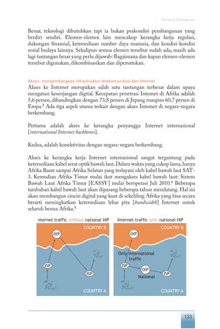 133
Keranjang Pembangunan
Benar, teknologi dibutuhkan tapi ia bukan prakondisi pembangunan yang
berdiri sendiri. Elemen-elemen lain mencakup kerangka kerja regulasi,
dukungan finansial, ketersediaan sumber daya manusia, dan kondisi-kondisi
sosial budaya lainnya. Sekalipun semua elemen tersebut sudah ada, masih ada
lagi tantangan besar yang perlu dijawab: Bagaimana dan kapan elemen-elemen
tersebut digunakan, dikombinasikan dan dipersatukan.
Akses: mengembangkan infrastruktur telekomunikasi dan Internet
Akses ke Internet merupakan salah satu tantangan terbesar dalam upaya
mengatasi kesenjangan digital. Kecepatan penetrasi Internet di Afrika adalah
5,6 persen,dibandingkan dengan 73,8 persen di Jepang maupun 60,7 persen di
Eropa.3
Ada tiga aspek utama terkait dengan akses Internet di negara-negara
berkembang.
Pertama adalah akses ke kerangka penyangga Internet internasional
[international Internet backbones].
Kedua, adalah konektivitas dengan negara-negara berkembang.
Akses ke kerangka kerja Internet internasional sangat tergantung pada
ketersediaan kabel serat optik bawah laut.Dalam waktu yang cukup lama,hanya
Afrika Barat sampai Afrika Selatan yang terlayani oleh kabel bawah laut SAT-
3. Kemudian Afrika Timur mulai ikut mengakses kabel bawah laut: Sistem
Bawah Laut Afrika Timur [EASSY] mulai beroperasi Juli 2010.4
Beberapa
tambahan kabel bawah laut akan dipasang beberapa tahun mendatang. Hal ini
akan membangun cincin digital yang kuat di sekeliling Afrika yang bisa secara
berarti meningkatkan ketersediaan lebar pita [bandwidth] Internet untuk
seluruh benua Afrika.5
 