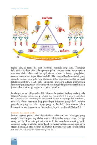 150
Tentang Tata Kelola Internet
negara lain, di mana dia akan menemui masalah yang sama. Teknologi
informasi yang digunakan dalam pengumpulan data, membantu pengumpulan
dan konektivitas data dari berbagai sistem khusus [misalnya perpajakan,
catatan perumahan, kepemilikan mobil]. Dari sana dilakukan analisis yang
canggih, mencari pola-pola yang biasa atau tidak biasa muncul, dan berbagai
ketidakkonsistenan. Salah satu tantangan utamanya adalah memastikan
keseimbangan yang tepat antara modernisasi fungsi-fungsi pemerintahan dan
jaminan hak-hak warga negara atas privasi mereka.
Setelah peristiwa 11 September 2001 di Amerika Serikat,Undang-undang Bela
Negara Amerika Serikat dan peraturan lain yang setara di negara-negara lain
telah memperluas kewenangan pemerintah untuk mengumpulkan informasi,
termasuk sebuah ketentuan bagi penyadapan informasi yang sah.27
Konsep
penyadapan yang sah dalam upaya pengumpulan bukti juga rmasuk dalam
Konvensi Dewan Eropa untuk Kriminalitas Jagat Maya [Pasal 20 dan 21].
Individu dan badan usaha
Dalam segitiga privasi telah digambarkan, salah satu sisi hubungan yang
menjadi semakin penting adalah antara individu dan sektor bisnis. Orang-
orang memberikan data pribadi mereka ketika membuka rekening bank,
memesan tiket pesawat atau kamar hotel,membayar secara online dengan kartu
kredit, menjelajahi atau mencari di Internet. Berbagai jejak data bahkan sering
kali tercecer dari macam-macam kegiatan ini.
 