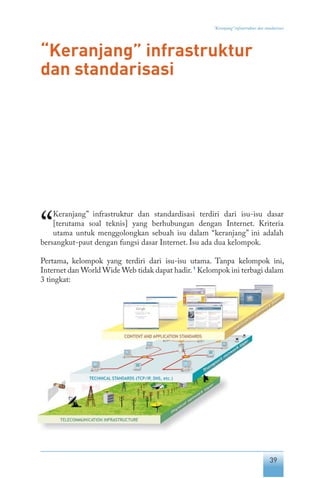 39
“Keranjang” infrastruktur dan standarisasi
“Keranjang” infrastruktur
dan standarisasi
“
Keranjang” infrastruktur dan standardisasi terdiri dari isu-isu dasar
[terutama soal teknis] yang berhubungan dengan Internet. Kriteria
utama untuk menggolongkan sebuah isu dalam “keranjang” ini adalah
bersangkut-paut dengan fungsi dasar Internet. Isu ada dua kelompok.
Pertama, kelompok yang terdiri dari isu-isu utama. Tanpa kelompok ini,
Internet dan World Wide Web tidak dapat hadir.1
Kelompok ini terbagi dalam
3 tingkat:
 