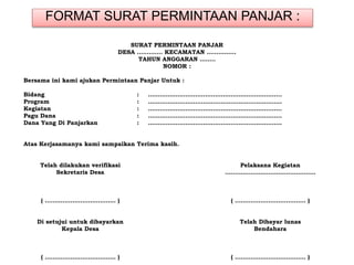 FORMAT SURAT PERMINTAAN PANJAR :
SURAT PERMINTAAN PANJAR
DESA …………. KECAMATAN ……………
TAHUN ANGGARAN ……..
NOMOR :
Bersama ini kami ajukan Permintaan Panjar Untuk :
Bidang : …………………………………………………………..
Program : …………………………………………………………..
Kegiatan : …………………………………………………………..
Pagu Dana : …………………………………………………………..
Dana Yang Di Panjarkan : …………………………………………………………..
Atas Kerjasamanya kami sampaikan Terima kasih.
Telah dilakukan verifikasi Pelaksana Kegiatan
Sekretaris Desa ……………………………………….
( ……………………………… ) ( ……………………………… )
Di setujui untuk dibayarkan Telah Dibayar lunas
Kepala Desa Bendahara
( ……………………………… ) ( ……………………………… )
 