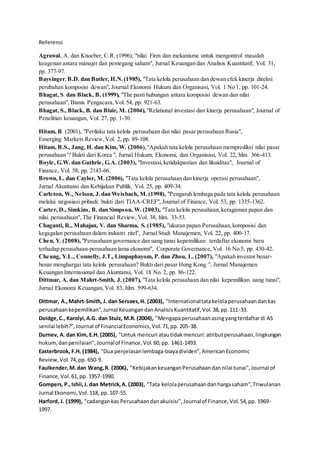 Referensi
Agrawal, A. dan Knoeber, C.R. (1996), "nilai Firm dan mekanisme untuk mengontrol masalah
keagenan antara manajer dan pemegang saham", Jurnal Keuangan dan Analisis Kuantitatif, Vol. 31,
pp. 377-97.
Baysinger,B.D. dan Butler, H.N.(1985), "Tata kelola perusahaan dan dewan efek kinerja direksi
perubahan komposisi dewan", Journal Ekonomi Hukum dan Organisasi, Vol. 1 No 1, pp. 101-24.
Bhagat, S. dan Black, B. (1999), "The pasti hubungan antara komposisi dewan dan nilai
perusahaan", Bisnis Pengacara,Vol. 54, pp. 921-63.
Bhagat, S., Black, B. dan Blair, M. (2004), "Relational investasi dan kinerja perusahaan", Journal of
Penelitian keuangan, Vol. 27, pp. 1-30.
Hitam, B. (2001), "Perilaku tata kelola perusahaan dan nilai pasar perusahaan Rusia",
Emerging Markets Review,Vol. 2, pp. 89-108.
Hitam, B.S., Jang, H. dan Kim, W. (2006),"Apakah tata kelola perusahaan memprediksi nilai pasar
perusahaan '? Bukti dari Korea ", Jurnal Hukum, Ekonomi, dan Organisasi, Vol. 22, hlm. 366-413.
Boyle, G.W. dan Guthrie, G.A. (2003), "Investasi,ketidakpastian dan likuiditas", Journal of
Finance, Vol. 58, pp. 2143-66.
Brown, L. dan Caylor, M. (2006), "Tata kelola perusahaan dan kinerja operasi perusahaan",
Jurnal Akuntansi dan Kebijakan Publik, Vol. 25, pp. 409-34.
Carleton, W., Nelson, J.dan Weisbach, M.(1998), "Pengaruh lembaga pada tata kelola perusahaan
melalui negosiasi pribadi: bukti dari TIAA-CREF", Journal of Finance, Vol. 53, pp. 1335-1362.
Carter, D., Simkins, B. dan Simpson, W. (2003), "Tata kelola perusahaan,keragaman papan dan
nilai perusahaan", The Financial Review, Vol. 38, hlm. 33-53.
Chaganti, R., Mahajan, V. dan Sharma, S. (1985), "ukuran papan Perusahaan,komposisi dan
kegagalan perusahaan dalam industri ritel", Jurnal Studi Manajemen, Vol. 22, pp. 400-17.
Chen, Y. (2008), "Perusahaan governance dan uang tunai kepemilikan: terdaftar ekonomi baru
terhadap perusahaan-perusahaan lama ekonomi", Corporate Governance, Vol. 16 No 5, pp. 430-42.
Cheung, Y.L., Connelly, J.T., Limpaphayom, P. dan Zhou, L. (2007), "Apakah investor benar-
benar menghargai tata kelola perusahaan? Bukti dari pasar Hong Kong ", Jurnal Manajemen
Keuangan Internasional dan Akuntansi, Vol. 18 No. 2, pp. 86-122.
Dittmar, A. dan Mahrt-Smith, J. (2007), "Tata kelola perusahaan dan nilai kepemilikan uang tunai",
Jurnal Ekonomi Keuangan, Vol. 83, hlm. 599-634.
Dittmar, A.,Mahrt-Smith, J. dan Servaes,H. (2003), "Internationaltatakelolaperusahaandankas
perusahaankepemilikan",Jurnal KeuangandanAnalisisKuantitatif,Vol.38,pp.111-33.
Doidge,C., Karolyi,A.G. dan Stulz, M.R. (2004), "Mengapaperusahaanasingyangterdaftardi AS
senilai lebih?",Journal of FinancialEconomics,Vol.71,pp. 205-38.
Durnev, A. dan Kim, E.H. (2005), "Untuk mencuri atautidakmencuri:atributperusahaan,lingkungan
hukum,danpenilaian",Journalof Finance,Vol.60,pp. 1461-1493.
Easterbrook, F.H. (1984), "Dua penjelasanlembaga-biayadividen",AmericanEconomic
Review,Vol.74,pp. 650-9.
Faulkender,M.dan Wang,R. (2006), "KebijakankeuanganPerusahaandannilai tunai",Journal of
Finance,Vol.61,pp. 1957-1990.
Gompers,P.,Ishii,J. dan Metrick,A. (2003), "Tata kelolaperusahaandanhargasaham",Triwulanan
Jurnal Ekonomi,Vol.118, pp.107-55.
Harford, J. (1999), "cadangankas Perusahaandanakuisisi",Journalof Finance,Vol.54,pp. 1969-
1997.
 