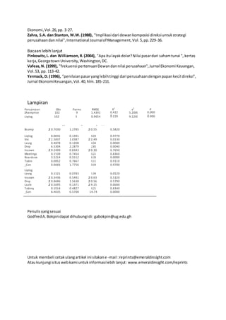 Persamaan Obs Parms RMSE R2
x2
P
Shareprice 102 9 1.4391 0.422
7
5.2000 0.000
0Liqlog 102 5 0.9654 0.220
1
9.1200 0.000
0
SE Z P . jzj
Bcomp 2 0.7030 1.2785 20.55 0.5820
Liqlog 0.0041 0.1391 0.03 0.9770
Voi 2 2.5837 1.0387 22.49 0.0130
Levrg 0.4878 0.1208 4.04 0.0000
Divp 6.5304 2.2879 2.85 0.0040
Insown 2 0.2499 0.8343 20.30 0.7650
Meetings 0.1539 0.7454 0.21 0.8360
Boardsize 3.5214 0.5512 6.39 0.0000
Tobin 0.0852 0.7667 0.11 0.9110
_Con 0.0666 1.7756 0.04 0.9700
Liqlog
Levrg 0.1521 0.0783 1.94 0.0520
Insown 2 0.3436 0.5492 20.63 0.5320
Divp 2 0.8686 1.5638 20.56 0.5790
Lsale 2 0.5695 0.1371 24.15 0.0000
Tobinq 0.1014 0.4827 0.21 0.8340
_Con 8.4035 0.5700 14.74 0.0000
Ekonomi,Vol.26,pp. 3-27.
Zahra, S.A. dan Stanton, W.W.(1988), "Implikasi dari dewankomposisi direksiuntukstrategi
perusahaandannilai",International Journalof Management,Vol.5,pp.229-36.
Bacaan lebih lanjut
Pinkowitz,L. dan Williamson,R.(2004), "Apaitulayakdolar?Nilai pasardari sahamtunai ", kertas
kerja,GeorgetownUniversity,Washington,DC.
Vafeas,N. (1999), "frekuensi pertemuanDewandannilai perusahaan",Jurnal Ekonomi Keuangan,
Vol.53, pp. 113-42.
Yermack, D. (1996), "penilaianpasaryanglebihtinggi dari perusahaandenganpapankecil direksi",
Jurnal Ekonomi Keuangan,Vol.40,hlm.185-211.
Lampiran
Penulisyangsesuai
GodfredA.Bokpindapatdihubungi di :gabokpin@ug.edu.gh
Untuk membeli cetakulangartikel ini silakane -mail :reprints@emeraldinsight.com
Ataukunjungi situswebkami untuk informasilebihlanjut:www.emeraldinsight.com/reprints
 