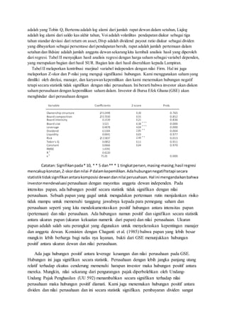 Ownership structure 2 0.2498 0.30 0.765
Board composition 2 0.7030 0.55 0.852
Board intensity 0.1539 0.21 0.836
Board size 3.521 6.38 * * * 0.000
Leverage 0.4878 4.04 * * * 0.000
Dividend 6.5304 2.85 * * 0.004
Liquidity 0.0041 0.03 0.977
Risk 2 2.5837 2.49 * * 0.013
Tobin’s Q 0.0852 0.11 0.911
Constant 0.0666 0.04 0.970
RMSE 1.4391
R 2
0.4220
x 2
75.20 0.000
adalah yang Tobin Q, Bertemu adalah log alami dari jumlah rapat dewan dalam setahun, Liqlog
adalah log alami dari saldo kas akhir tahun, Voi adalah volatilitas pendapatan diukur sebagai tiga
tahun standar deviasi dari return on asset, Divp adalah dividend payout ratio diukur sebagai dividen
yang dibayarkan sebagai persentase daripendapatan bersih, rapat adalah jumlah pertemuan dalam
setahun dan Bdsize adalah jumlah anggota dewan sekarang kita kembali analisis hasil yang diperoleh
dari regresi. Tabel II menyajikan hasil analisis regresi dengan harga saham sebagai variabel dependen,
yang merupakan bagian dari hasil SUR. Bagian lain dari hasil diserahkan kepada Lampiran.
Tabel II melaporkan kontribusi marjinal variabel independen dengan nilai Firm. Hal ini juga
melaporkan Z-skor dan P-nilai yang menguji signifikansi hubungan. Kami menggunakan saham yang
dimiliki oleh direksi, manajer, dan karyawan kepemilikan dan kami menemukan hubungan negatif
tetapi secara statistik tidak signifikan dengan nilai perusahaan. Ini berarti bahwa investor akan diskon
saham perusahaan dengan kepemilikan saham dalam. Investor di Bursa Efek Ghana (GSE) akan
menghindar dari perusahaan dengan
Variable Coefficients Z-score Prob.
Catatan: Signifikanpada* 10, * * 5 dan** * 1 tingkatpersen,masing-masing;hasil regresi
mencakupkonstan,Z-skordannilai-Pdalamkepemilikan.Adahubungannegatiftetapi secara
statistiktidaksignifikanantarakomposisi dewandannilai perusahaan. Hal ini mengandaikanbahwa
investormendevaluasi perusahaan dengan mayoritas anggota dewan independen. Pada
intensitas papan, ada hubungan positif secara statistik tidak signifikan dengan nilai
perusahaan. Sebuah papan yang gagal untuk mengadakan pertemuan rutin menjalankan risiko
tidak mampu untuk memenuhi tanggung jawabnya kepada para pemegang saham dan
perusahaan seperti yang kita mendokumentasikan positif hubungan antara intensitas papan
(pertemuan) dan nilai perusahaan. Ada hubungan namun positif dan signifikan secara statistik
antara ukuran papan (ukuran kekuatan numerik dari papan) dan nilai perusahaan. Ukuran
papan adalah salah satu perangkat yang digunakan untuk menyelaraskan kepentingan manajer
dan anggota dewan. Konsisten dengan Chaganti et al. (1985) bahwa papan yang lebih besar
mungkin lebih berharga bagi nafas nya layanan, bukti dari GSE menunjukkan hubungan
positif antara ukuran dewan dan nilai perusahaan.
Ada juga hubungan positif antara leverage keuangan dan nilai perusahaan pada GSE.
Hubungan ini juga signifikan secara statistik. Perusahaan dengan lebih jangka panjang utang
relatif terhadap ekuitas cenderung memenuhi harapan investor maka hubungan positif antara
mereka. Mungkin, nilai sekarang dari pengurangan pajak diperbolehkan oleh Undang-
Undang Pajak Penghasilan (UU 592) menambahkan secara signifikan terhadap nilai
perusahaan maka hubungan positif diamati. Kami juga menemukan hubungan positif antara
dividen dan nilai perusahaan dan ini secara statistik signifikan. pembayaran dividen sangat
 