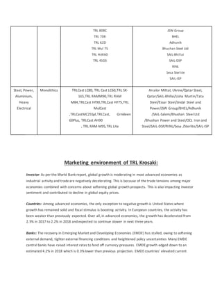 TRL 80BC
TRL 70B
TRL 62D
TRL Mul 75
TRL HiAl60
TRL 45DS
JSW Group
BHEL
Adhunik
Bhushan Steel Ltd
SAIL-Bhillai
SAIL-DSP
RINL
Sesa Sterlite
SAIL-ISP
Steel, Power,
Aluminium,
Heavy
Electrical
Monolithics TRLCast LC80, TRL Cast LC60,TRL SK-
165,TRL RAMM90,TRL RAM
M84,TRLCast HF90,TRLCast HF75,TRL
MulCast
,TRLCastMC25Spl,TRLCast, Grnkleen
60Plus, TRLCast AH90
, TRL RAM-M95,TRL Lite
Arcelor Mittal, Ukrine/Qatar Steel,
Qatar/SAIL-Bhillai/Usha Martin/Tata
Steel/Essar Steel/Jindal Steel and
Power/JSW Group/BHEL/Adhunik
/SAIL-Salem/Bhushan Steel Ltd
/Bhushan Power and Steel/OCL Iron and
Steel/SAIL-DSP/RINL/Sesa /Sterlite/SAIL-ISP
Marketing environment of TRL Krosaki:
Investor: As per the World Bank report, global growth is moderating in most advanced economies as
industrial activity and tradeare negatively decelerating. This is because of the trade tensions among major
economies combined with concerns about softening global growth prospects. This is also impacting investor
sentiment and contributed to decline in global equity prices.
Countries: Among advanced economies, the only exception to negative growth is United States where
growth has remained solid and fiscal stimulus is boosting activity. In European countries, the activity has
been weaker than previously expected. Over all, in advanced economies, the growth has decelerated from
2.3% in 2017 to 2.2% in 2018 and expected to continue slower in next three years.
Banks: The recovery in Emerging Market and Developing Economies (EMDE) has stalled, owing to softening
external demand, tighter external financing conditions and heightened policy uncertainties Many EMDE
central banks have raised interest rates to fend off currency pressures. EMDE growth edged down to an
estimated 4.2% in 2018 which is 0.3%lower than previous projection. EMDE countries’ elevated current
 