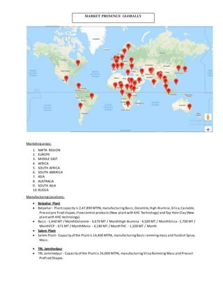 Marketingareas:
1. NAFTA REGION
2. EUROPE
3. MIDDLE EAST
4. AFRICA
5. SOUTH AFRICA
6. SOUTH AMERICA
7. ASIA
8. AUSTRALIA
9. SOUTH ASIA
10.RUSSIA
ManufacturingLocations:
 Belpahar Plant
 Belpahar - Plantcapacity is 2,47,890 MTPA, manufacturingBasic,Dolomite,High Alumina,Silica,Castable,
Precastpre fired shapes,Flowcontrol products (New plantwith KHC Technology) and Tap Hole Clay (New
plantwith KHC technology).
 Basic - 1,440 MT / MonthDolomite - 6,670 MT / MonthHigh Alumina - 4,500 MT / MonthSilica - 1,700 MT /
MonthFCP - 671 MT / MonthMono - 4,180 MT / MonthTHC - 1,500 MT / Month
 Salem Plant
 Salem Plant- Capacity of the Plantis 14,400 MTPA, manufacturingBasic rammingmass and Tundish Spray
Mass.
 TRL Jamshedpur
 TRL Jamshedpur - Capacity of the Plantis 26,000 MTPA, manufacturingSilicaRamming Mass and Precast
Prefired Shapes.
MARKET PRESENCE GLOBALLY
 
