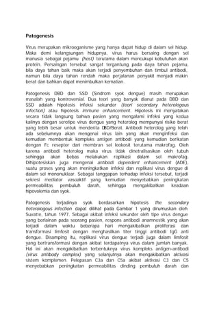 Patogenesis

Virus merupakan mikrooganisme yang hanya dapat hidup di dalam sel hidup.
Maka demi kelangsungan hidupnya, virus harus bersaing dengan sel
manusia sebagai pejamu (host) terutama dalam mencukupi kebutuhan akan
protein. Persaingan tersebut sangat tergantung pada daya tahan pejamu,
bila daya tahan baik maka akan terjadi penyembuhan dan timbul antibodi,
namun bila daya tahan rendah maka perjalanan penyakit menjadi makin
berat dan bahkan dapat menimbulkan kematian.

Patogenesis DBD dan SSD (Sindrom syok dengue) masih merupakan
masalah yang kontroversial. Dua teori yang banyak dianut pada DBD dan
SSD adalah hipotesis infeksi sekunder (teori secondary heterologous
infection) atau hipotesis immune enhancement. Hipotesis ini menyatakan
secara tidak langsung bahwa pasien yang mengalami infeksi yang kedua
kalinya dengan serotipe virus dengue yang heterolog mempunyai risiko berat
yang lebih besar untuk menderita D  BD/Berat. Antibodi heterolog yang telah
ada sebelumnya akan mengenai virus lain yang akan menginfeksi dan
kemudian membentuk kompleks antigen antibodi yang kemudian berikatan
dengan Fc reseptor dari membran sel leokosit terutama makrofag. Oleh
karena antibodi heterolog maka virus tidak dinetralisasikan oleh tubuh
sehingga akan bebas melakukan replikasi dalam sel makrofag.
Dihipotesiskan juga mengenai antibodi dependent enhancement (ADE),
suatu proses yang akan meningkatkan infeksi dan replikasi virus dengue di
dalam sel mononuklear. Sebagai tanggapan terhadap infeksi tersebut, terjadi
sekresi mediator vasoaktif yang kemudian menyebabkan peningkatan
permeabilitas   pembuluh     darah,   sehingga    mengakibatkan    keadaan
hipovolemia dan syok.

Patogenesis terjadinya syok berdasarkan hipotesis the secondary
heterologous infection dapat dilihat pada Gambar 1 yang dirumuskan oleh
Suvatte, tahun 1977. Sebagai akibat infeksi sekunder oleh tipe virus dengue
yang berlainan pada seorang pasien, respons antibodi anamnestik yang akan
terjadi dalam waktu beberapa hari mengakibatkan proliferasi dan
transformasi limfosit dengan menghasilkan titer tinggi antibodi IgG anti
dengue. Disamping itu, replikasi virus dengue terjadi juga dalam limfosit
yang bertransformasi dengan akibat terdapatnya virus dalam jumlah banyak.
Hal ini akan mengakibatkan terbentuknya virus kompleks antigen-antibodi
(virus antibody complex) yang selanjutnya akan mengakibatkan aktivasi
sistem komplemen. Pelepasan C3a dan C5a akibat aktivasi C3 dan C5
menyebabkan peningkatan permeabilitas dinding pembuluh darah dan
 