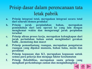 Prisip dasar dalam perencanaan tata
letak pabrik
a. Prinsip integrasi total, merupakan integrasi secara total
dari seluruh elemen produksi
b. Prinsip jarak perpindahan bahan, merupakan
pemindahan dari satu operasi ke yang lain dengan
menghemat waktu dan mengurangi jarak perpindan
tersebut
c. Prinsip aliran proses kerja, merupakan kelengkapan dari
jarak perindahan bahan untuk menghindari gerakan
balik , memotong dan macet
d. Prinsip pemanfaatang ruangan, merupakan pengaturan
ruangan yang dipakai manusia, bahan baku, mesin dan
peralatan
e. Prinsip kepuasan dan K3, merupakan kepuasan untuk
semua para pekerja dan menjaga faktor keselamatan
f. Prinsip fleksibilitas, merupakan suatu prinsip yang
mengikuti perkembangn zaman dan mengimbanginya
 