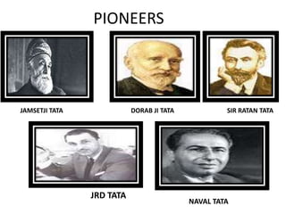PIONEERS
JAMSETJI TATA DORAB JI TATA SIR RATAN TATA
JRD TATA
NAVAL TATA
 