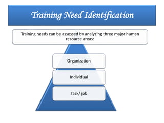Training Need Identification
Training needs can be assessed by analyzing three major human
resource areas:
Organization
Individual
Task/ job
 