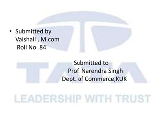• Submitted by
Vaishali , M.com
Roll No. 84
Submitted to
Prof. Narendra Singh
Dept. of Commerce,KUK
 