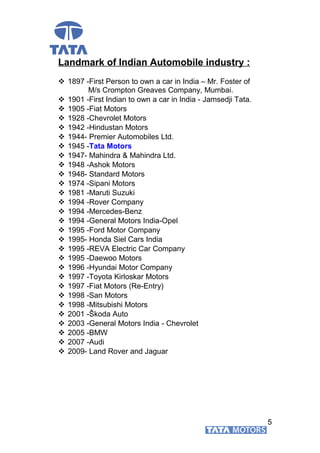 Landmark of Indian Automobile industry :
 1897 -First Person to own a car in India – Mr. Foster of
M/s Crompton Greaves Company, Mumbai.
 1901 -First Indian to own a car in India - Jamsedji Tata.
 1905 -Fiat Motors
 1928 -Chevrolet Motors
 1942 -Hindustan Motors
 1944- Premier Automobiles Ltd.
 1945 -Tata Motors
 1947- Mahindra & Mahindra Ltd.
 1948 -Ashok Motors
 1948- Standard Motors
 1974 -Sipani Motors
 1981 -Maruti Suzuki
 1994 -Rover Company
 1994 -Mercedes-Benz
 1994 -General Motors India-Opel
 1995 -Ford Motor Company
 1995- Honda Siel Cars India
 1995 -REVA Electric Car Company
 1995 -Daewoo Motors
 1996 -Hyundai Motor Company
 1997 -Toyota Kirloskar Motors
 1997 -Fiat Motors (Re-Entry)
 1998 -San Motors
 1998 -Mitsubishi Motors
 2001 -Škoda Auto
 2003 -General Motors India - Chevrolet
 2005 -BMW
 2007 -Audi
 2009- Land Rover and Jaguar
5
 