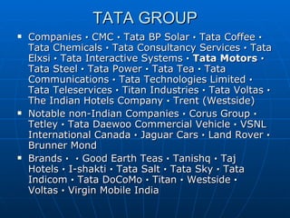 TATA GROUP Companies  ·  CMC  ·  Tata BP Solar  ·  Tata Coffee  ·  Tata Chemicals  ·  Tata Consultancy Services  ·  Tata Elxsi  ·  Tata Interactive Systems  ·   Tata Motors ·  Tata Steel  ·  Tata Power  ·  Tata Tea  ·  Tata Communications  ·  Tata Technologies Limited  ·  Tata Teleservices  ·  Titan Industries  ·  Tata Voltas  ·  The Indian Hotels Company  ·  Trent (Westside) Notable non-Indian Companies  ·  Corus Group  ·  Tetley  ·  Tata Daewoo Commercial Vehicle  ·  VSNL International Canada  ·  Jaguar Cars  ·  Land Rover  ·  Brunner Mond Brands  ·    ·  Good Earth Teas  ·  Tanishq  ·  Taj Hotels  ·  I-shakti  ·  Tata Salt  ·  Tata Sky  ·  Tata Indicom  ·  Tata DoCoMo  ·  Titan  ·  Westside  ·  Voltas  ·  Virgin Mobile India 