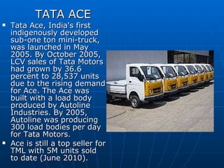 TATA ACE Tata Ace, India's first indigenously developed sub-one ton mini-truck, was launched in May 2005. By October 2005, LCV sales of Tata Motors had grown by 36.6 percent to 28,537 units due to the rising demand for Ace. The Ace was built with a load body produced by Autoline Industries. By 2005, Autoline was producing 300 load bodies per day for Tata Motors. Ace is still a top seller for TML with 5M units sold to date (June 2010). 