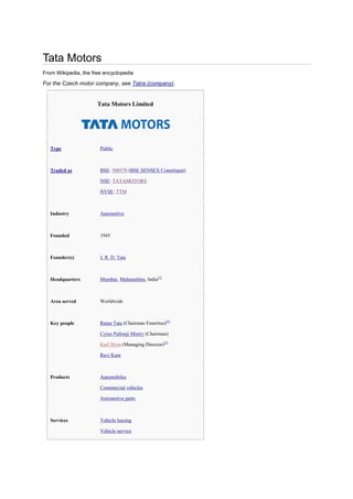Tata Motors
From Wikipedia, the free encyclopedia

For the Czech motor company, see Tatra (company).

Tata Motors Limited

Type

Public

Traded as

BSE: 500570 (BSE SENSEX Constituent)
NSE: TATAMOTORS
NYSE: TTM

Industry

Automotive

Founded

1945

Founder(s)

J. R. D. Tata

Headquarters

Mumbai, Maharashtra, India[1]

Area served

Worldwide

Key people

Ratan Tata (Chairman Emeritus)[2]
Cyrus Pallonji Mistry (Chairman)
Karl Slym (Managing Director)[3]
Ravi Kant

Products

Automobiles
Commercial vehicles
Automotive parts

Services

Vehicle leasing
Vehicle service

 