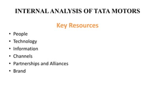 INTERNALANALYSIS OF TATA MOTORS
Key Resources
• People
• Technology
• Information
• Channels
• Partnerships and Alliances
• Brand
 