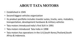 ABOUT TATA MOTORS
• Established in 1945
• Second biggest vehicles organization
• Its product portfolio includes traveler autos, trucks, vans, matadors,
transportation, development hardware & military vehicles
• Tata motors introduced India's first SUV in 1991
• Tata motors introduced Tata India in 1998
• Tata motors has operations in the U.K,South Korea,Thailand,South
Africa & Indonesia.
 