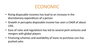 ECONOMIC
• Rising disposable incomes has lead to an increase in the
discretionary expenditure of a person
• Growth in percapita disposable income has seen a CAGR of about
13%.
• Ease of rules and regulations has led to several joint ventures and
mergers with global players
• Financing schemes and availability of loans to purchase cars has
pushed sales
 