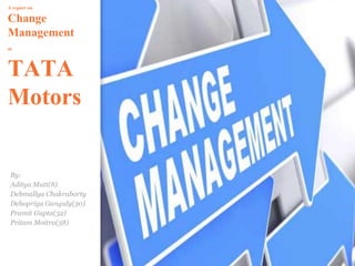 A report on
Change
Management
at
TATA
Motors
By:
Aditya Mutt(8)
Debmallya Chakraborty
Debopriya Ganguly(30)
Pramit Gupta(32)
Pritam Moitra(58)
 