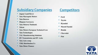 Subsidiary Companies 
• Jaguar Land Rover 
• Tata Macropolo Motors 
• Tata Daewoo 
• Hispano Carrocera 
• Tata Motors( Thailand) 
• Telcon 
• Tata Motors European Technical Care 
• Tata Technologies 
• TAL Manufacturing Solutions 
• HV Transmission and HV Axles 
• Tata Auto comp 
• TML Distribution.Co 
• Tata Motor Finance 
Competitors 
• Ford 
• Toyota 
• Hyundai 
• Maruti Suzuki 
• Honda 
• Chevrolet 
• Fiat 
 