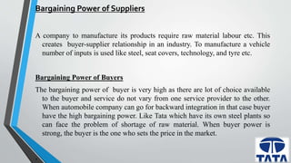 Bargaining Power of Suppliers 
A company to manufacture its products require raw material labour etc. This 
creates buyer-supplier relationship in an industry. To manufacture a vehicle 
number of inputs is used like steel, seat covers, technology, and tyre etc. 
Bargaining Power of Buyers 
The bargaining power of buyer is very high as there are lot of choice available 
to the buyer and service do not vary from one service provider to the other. 
When automobile company can go for backward integration in that case buyer 
have the high bargaining power. Like Tata which have its own steel plants so 
can face the problem of shortage of raw material. When buyer power is 
strong, the buyer is the one who sets the price in the market. 
. 
 