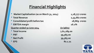 Financial Highlights 
• Market Capitalisation (as on March 31, 2014) 1,18,777 crores 
• Total Revenue 2,33,662 crores 
• Consolidated profit before tax 18,869 crores 
• EBITDA margin 16.1% 
Quarter ended 30 June 2014 (in lakhs) 
• Total Income 7,61,289.00 
• PBT 39,365.00 
• Net Profit 39,365.00 
• EPS Rs.1.21 
 