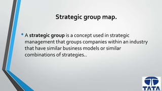 Strategic group map. 
• A strategic group is a concept used in strategic 
management that groups companies within an industry 
that have similar business models or similar 
combinations of strategies.. 
 