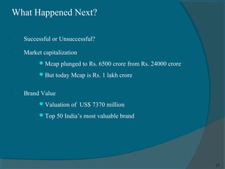 What Happened Next?


Successful or Unsuccessful?



Market capitalization
 Mcap plunged to Rs. 6500 crore from Rs. 24000 crore
 But today Mcap is Rs. 1 lakh crore



Brand Value
 Valuation of US$ 7370 million
 Top 50 India’s most valuable brand

13

 