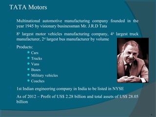 TATA Motors


Multinational automotive manufacturing company founded in the
year 1945 by visionary businessman Mr. J.R.D Tata



8th largest motor vehicles manufacturing company, 4 th largest truck
manufacturer, 2nd largest bus manufacturer by volume



Products:
 Cars
 Trucks
 Vans
 Buses
 Military vehicles
 Coaches



1st Indian engineering company in India to be listed in NYSE



As of 2012 – Profit of US$ 2.28 billion and total assets of US$ 28.05
billion
4

 